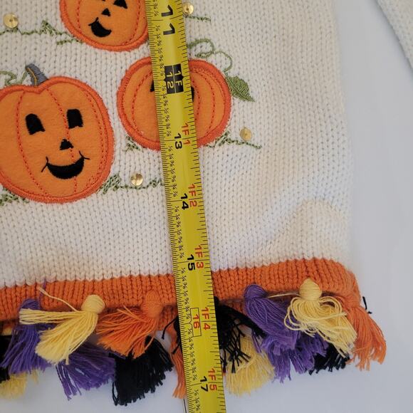 Halloween Pumpkin Sweater Hooded Youth 6/6X Scarecrow House Bat Full Zip Tassels - Picture 13 of 15
